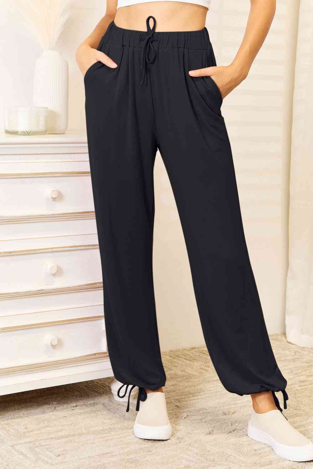 Basic Bae Pantalones de cintura con cordón y rayón suave de tamaño completo con bolsillos