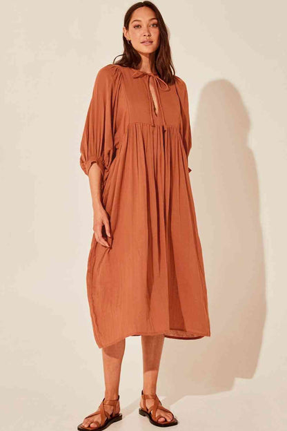 Tie Neck Lantern Sleeve Midi Dress