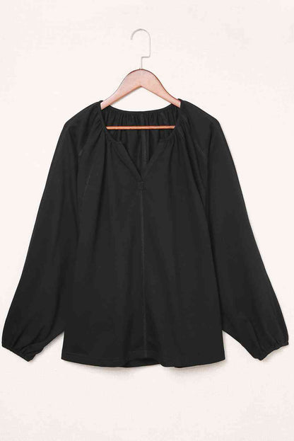 Notched Neck Balloon Sleeve Blouse