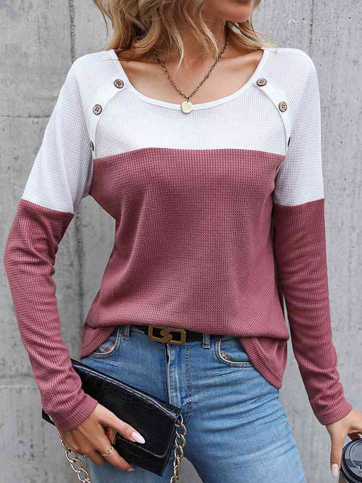 Two-Tone Buttoned Waffle-Knit Top