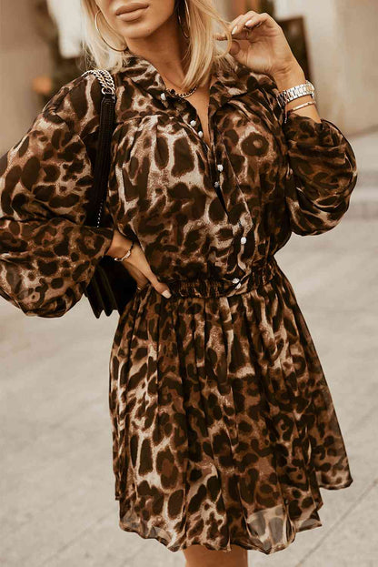 Leopard Buttoned Balloon Sleeve Dress