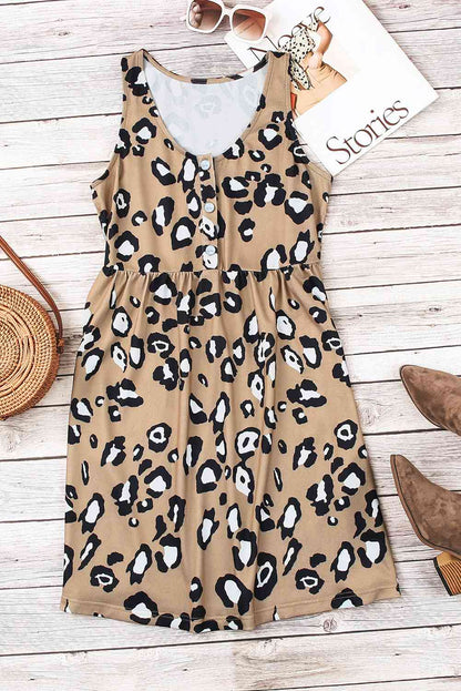 Leopard Buttoned Sleeveless Dress