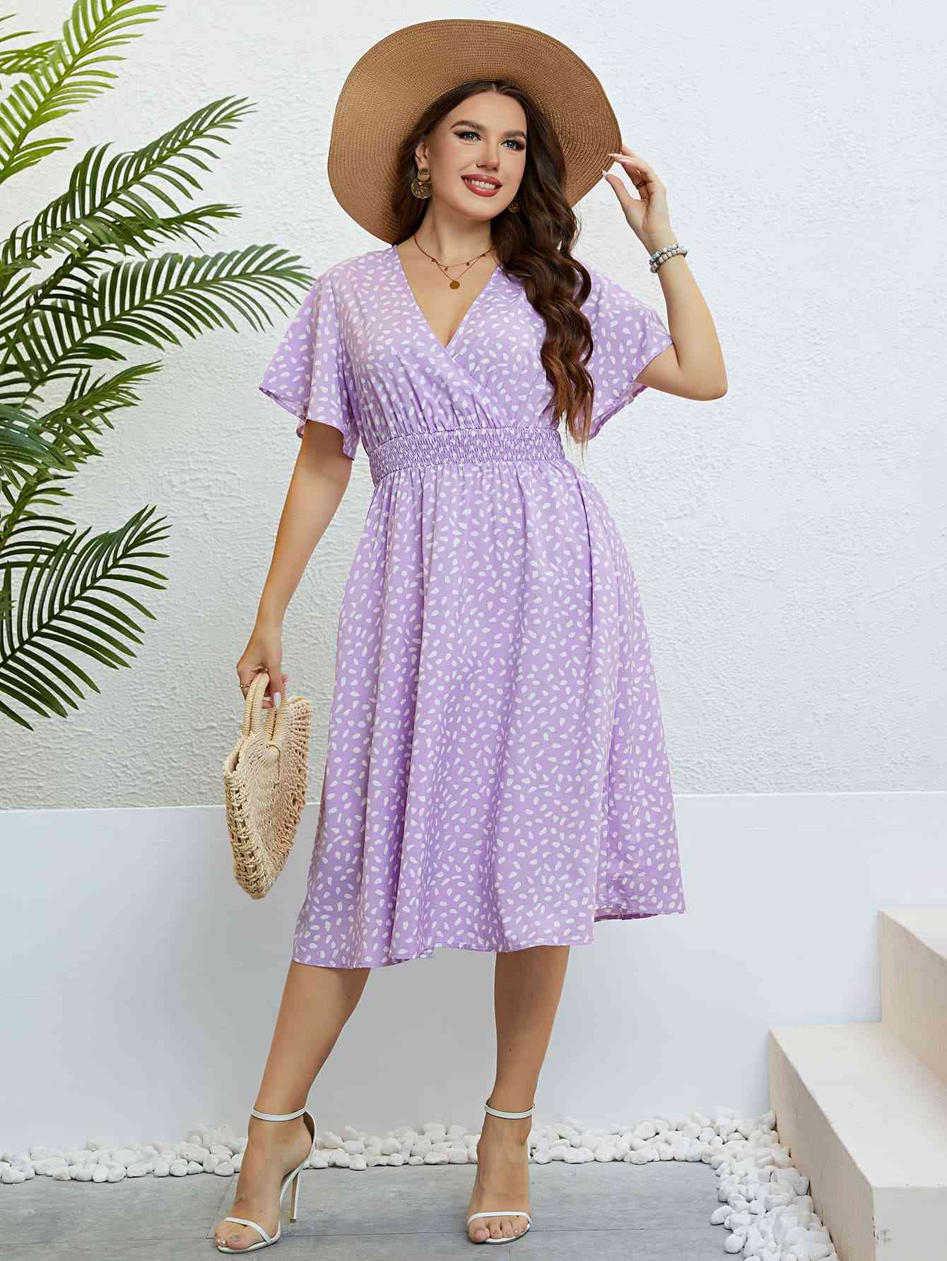 Robe Surplis Imprimée à Taille Smockée de Grande Taille