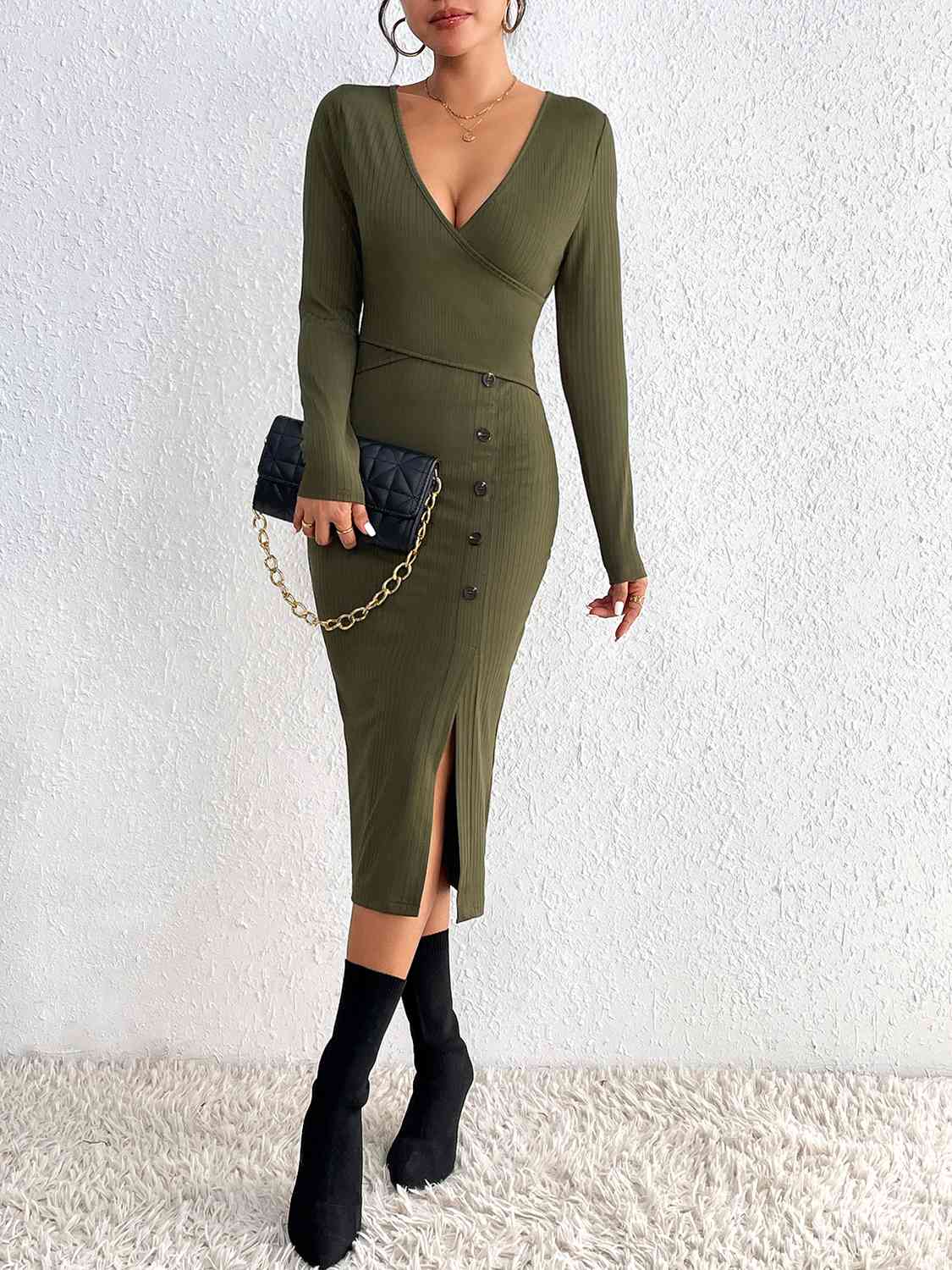 Buttoned Surplice Neck Slit Dress