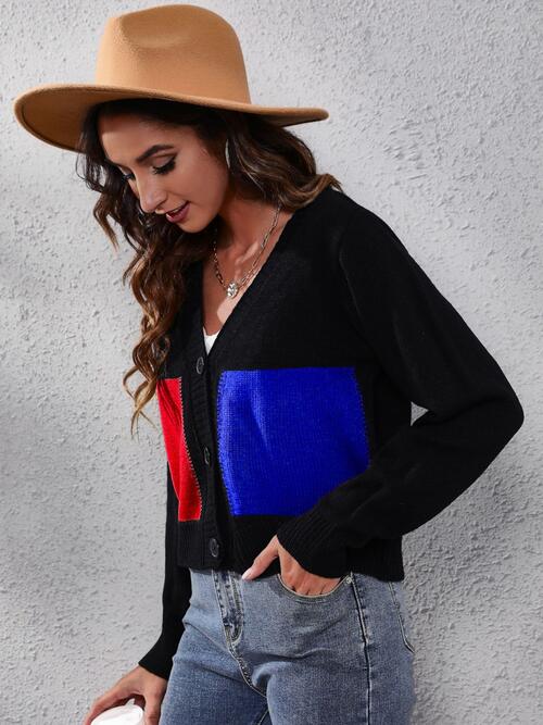 Color Block Button Up Long Sleeve Cardigan