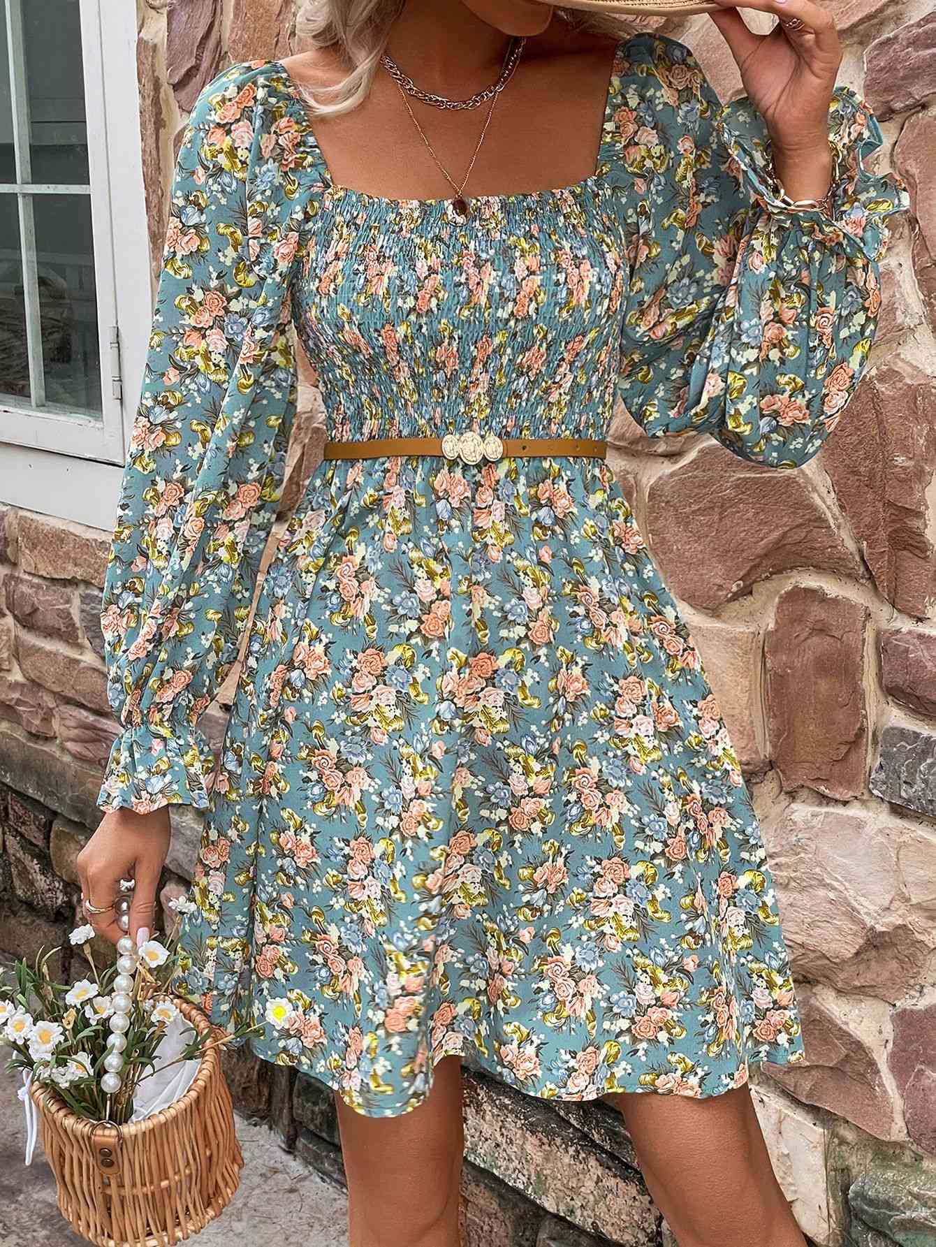 Floral Smocked Flounce Sleeve Square Neck Dress