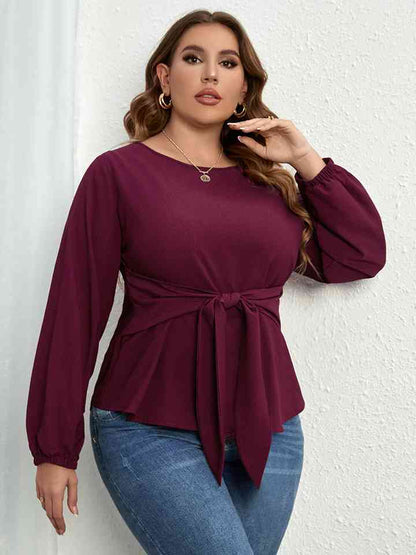 Blusa de manga larga con cuello redondo y cintura anudada de talla grande