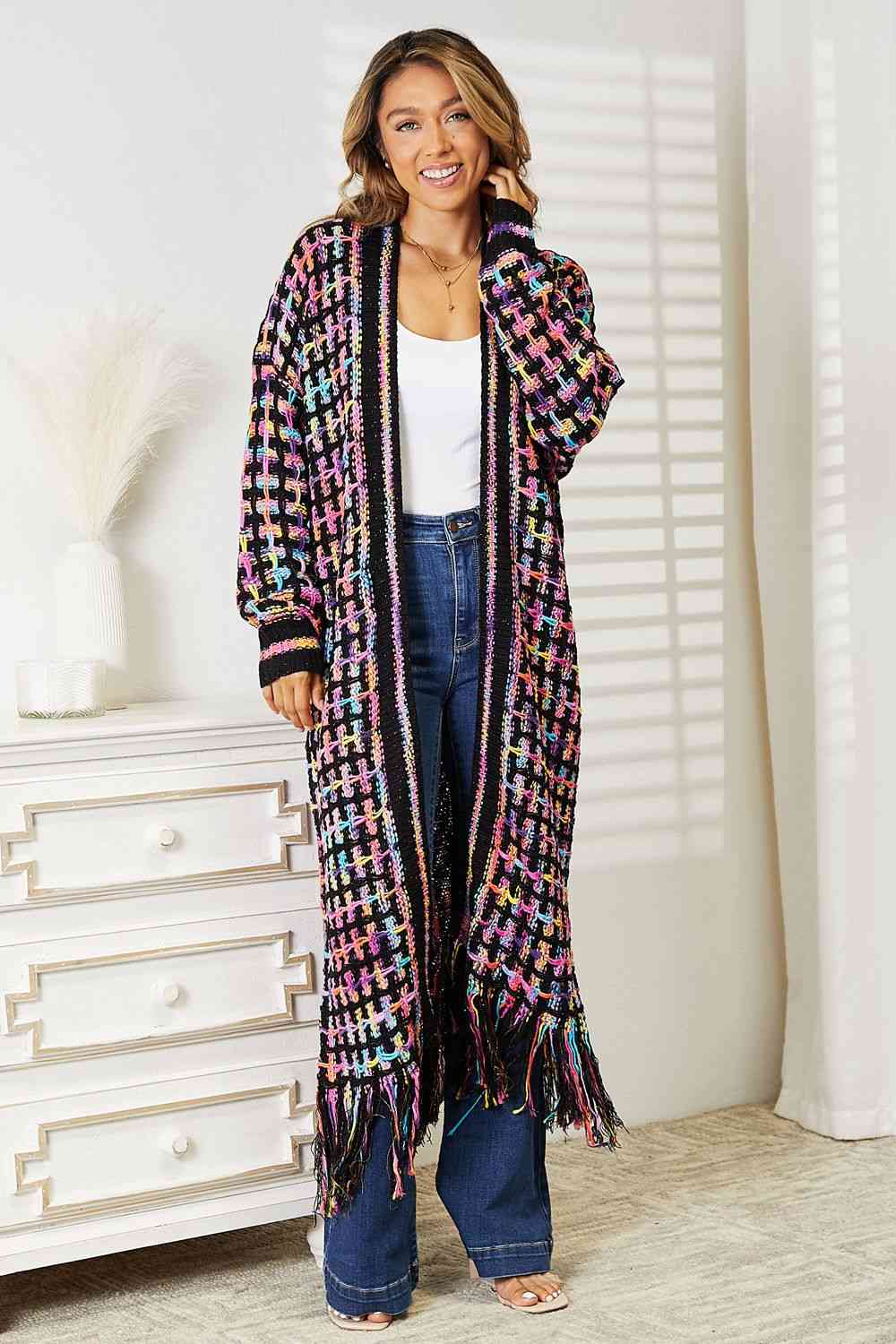 Double Take Cardigan multicolore ouvert sur le devant avec ourlet à franges pleine taille