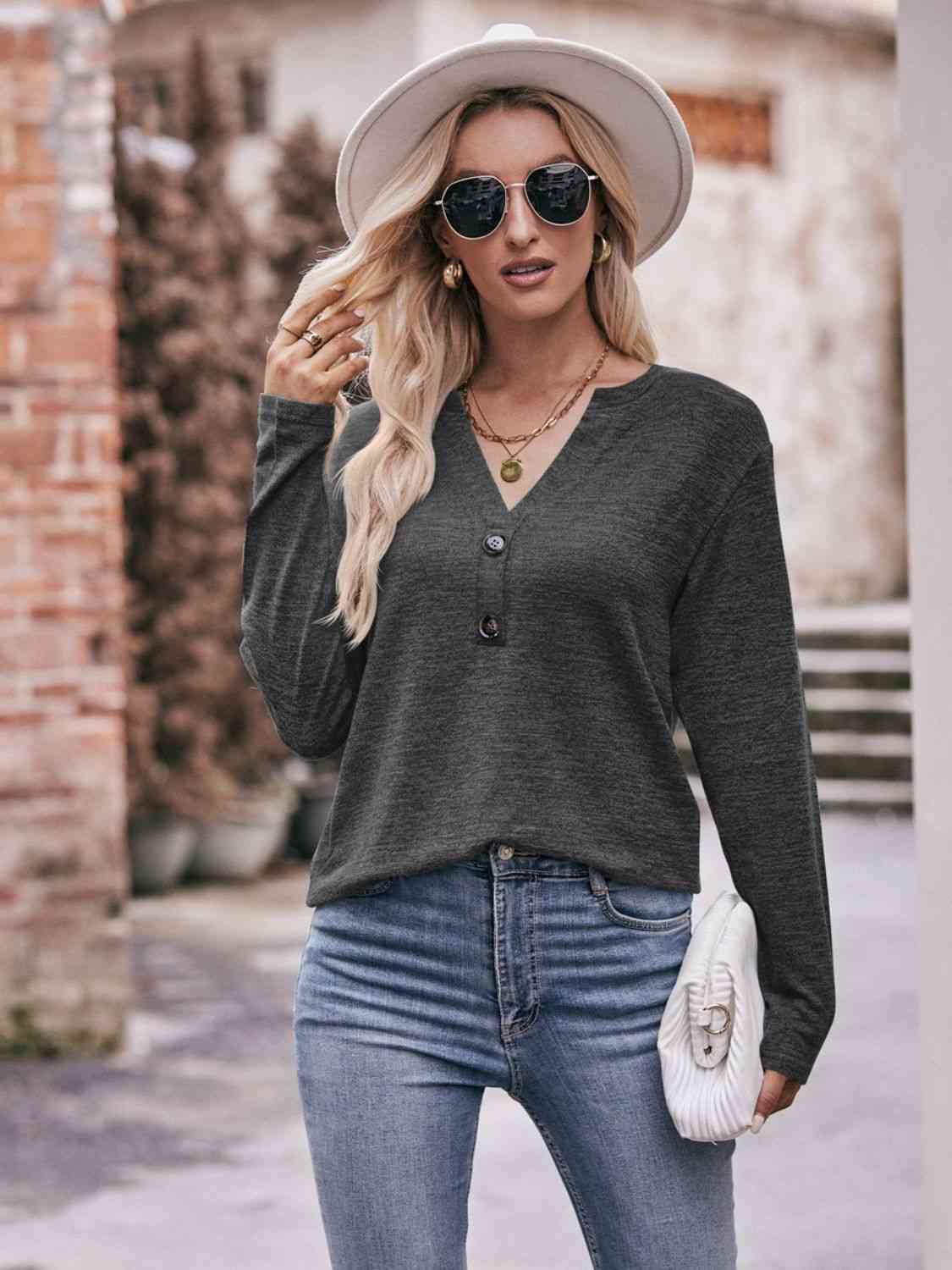 Double Take Buttoned Notched Neck Long Sleeve Top