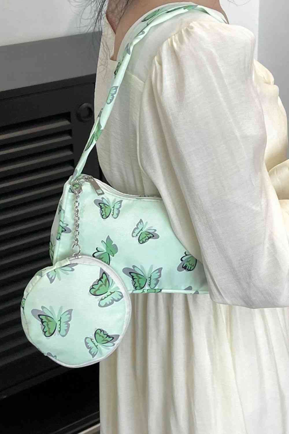 Butterfly Print Shoulder Bag with Purse