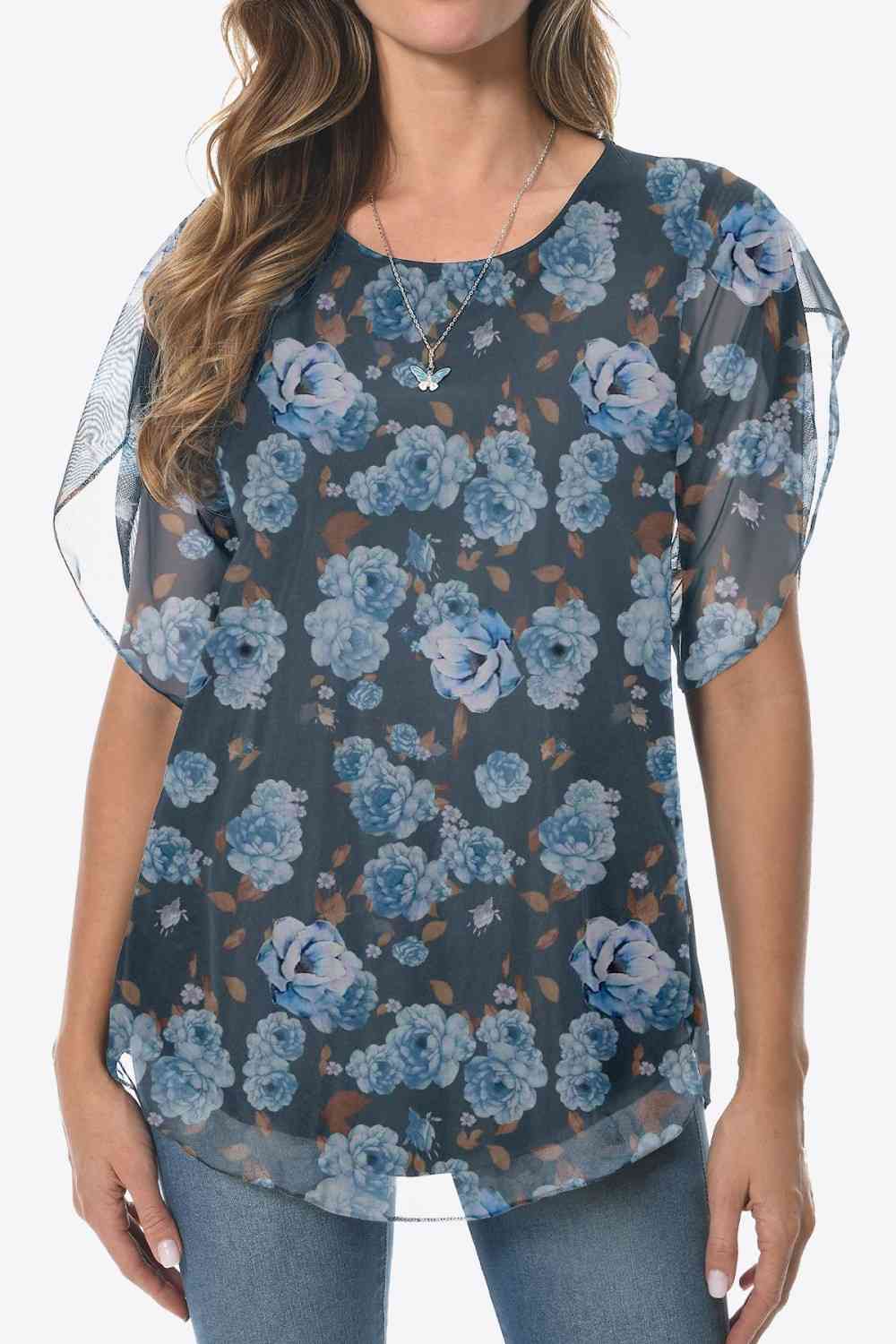 Blusa estampada con cuello redondo y dobladillo redondeado