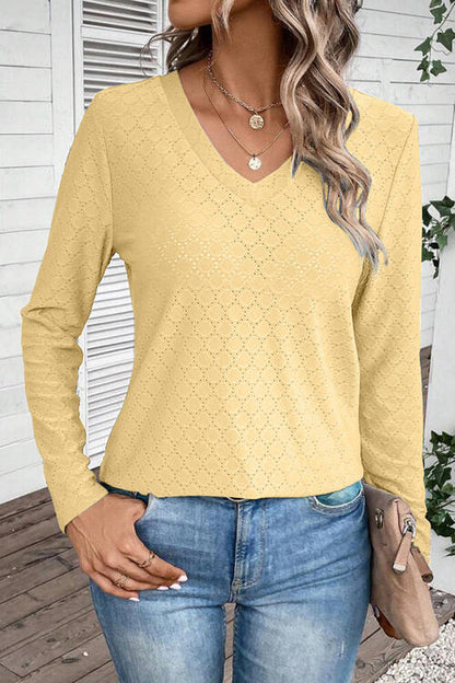 Eyelet V-Neck Long Sleeve T-Shirt