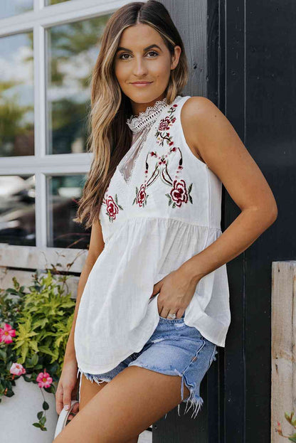 Embroidered Mock Neck Babydoll Tank