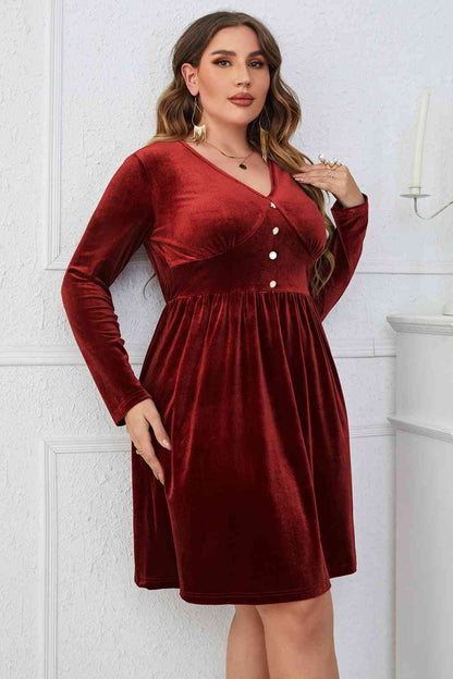 Melo Apparel Robe de Grande Taille à Col en V et Boutons Décoratifs Longueur Genou