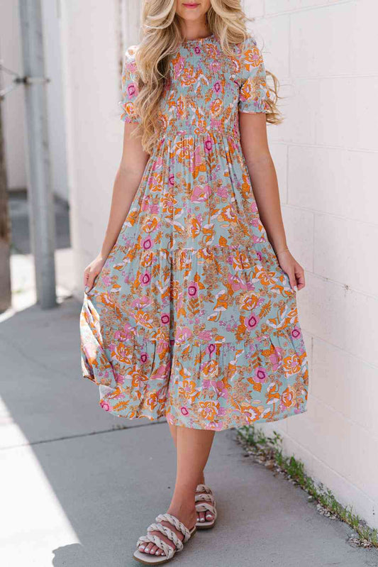 Robe midi florale à manches volantées et col rond