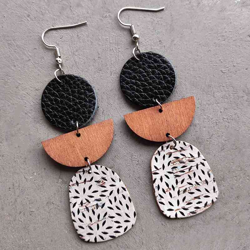 Boucles d'oreilles pendantes en cuir et bois