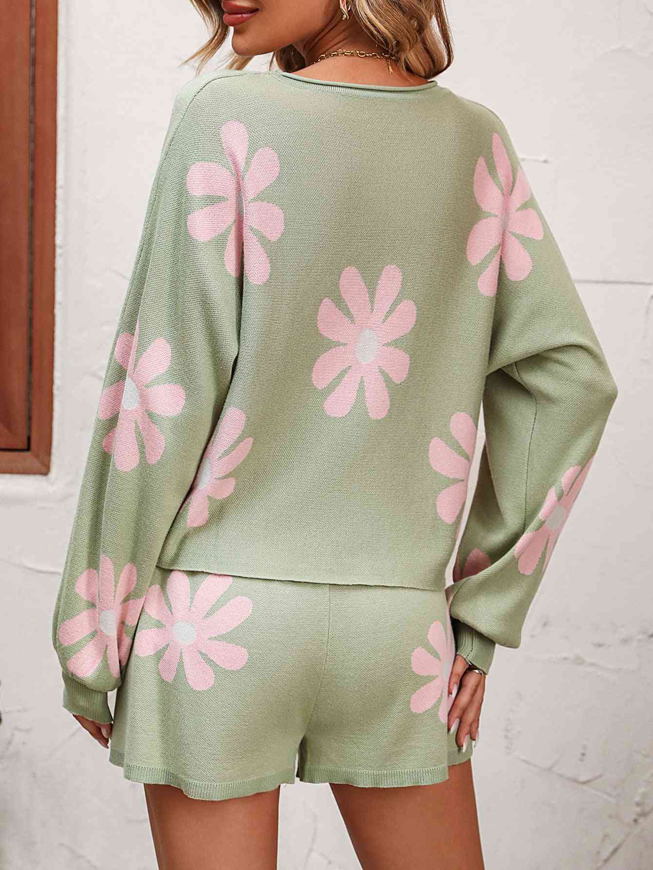 Ensemble haut en tricot à manches raglan à imprimé floral et short pull noué sur le devant