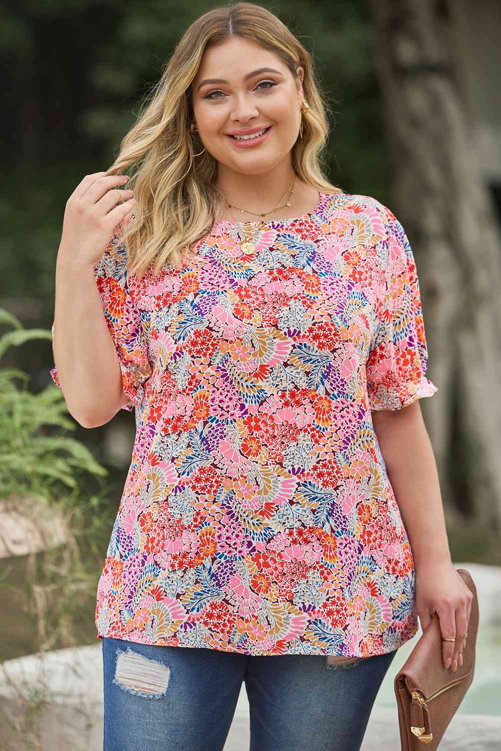 Plus Size Multicolored Round Neck Flounce Sleeve Blouse