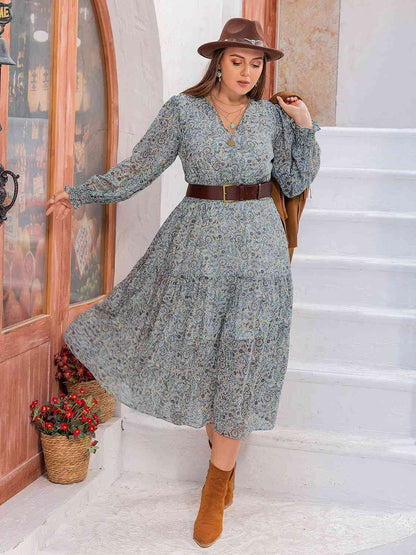 Robe Midi à Manches Longues et Col en V de Grande Taille