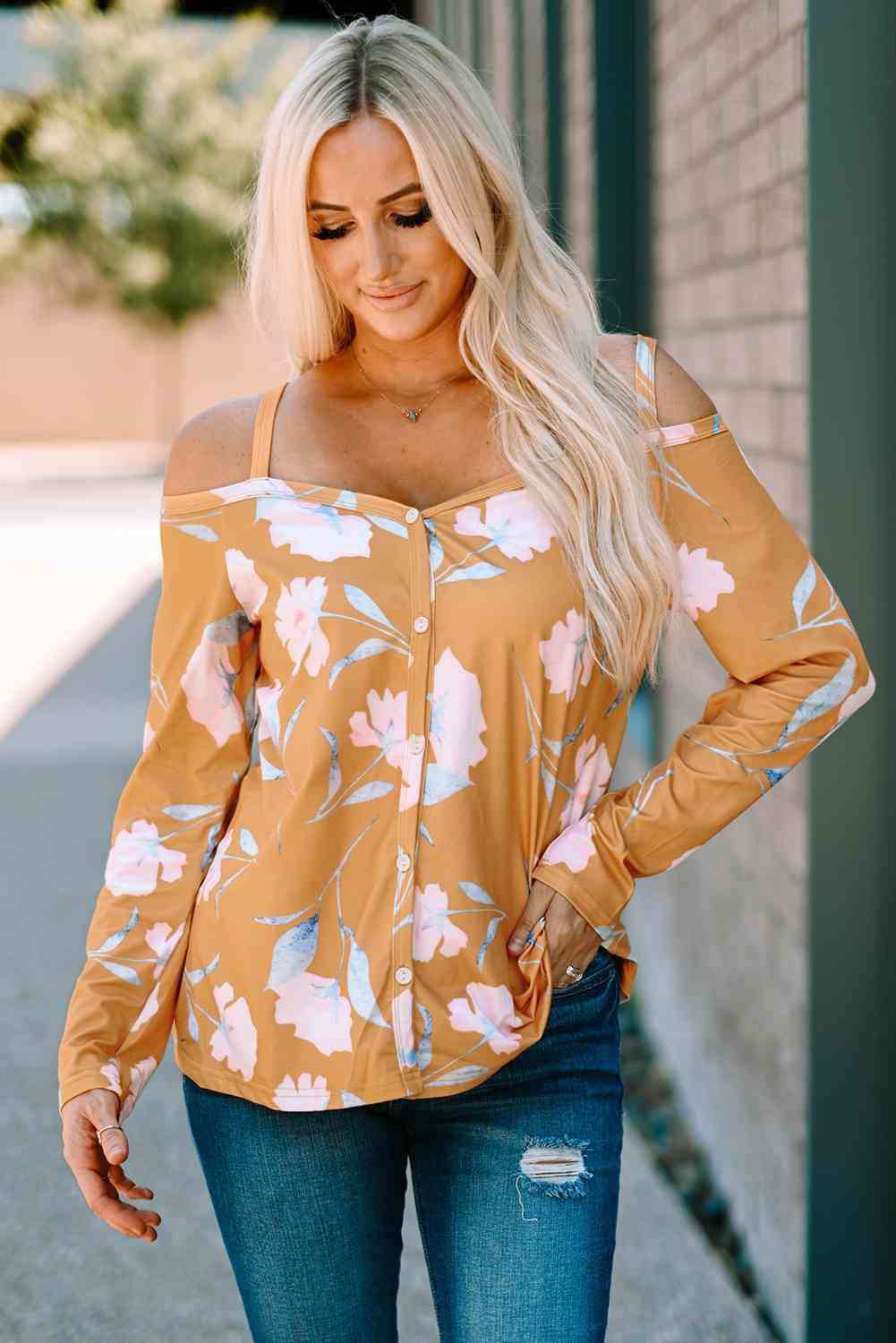 Floral Cold-Shoulder Long Sleeve Top