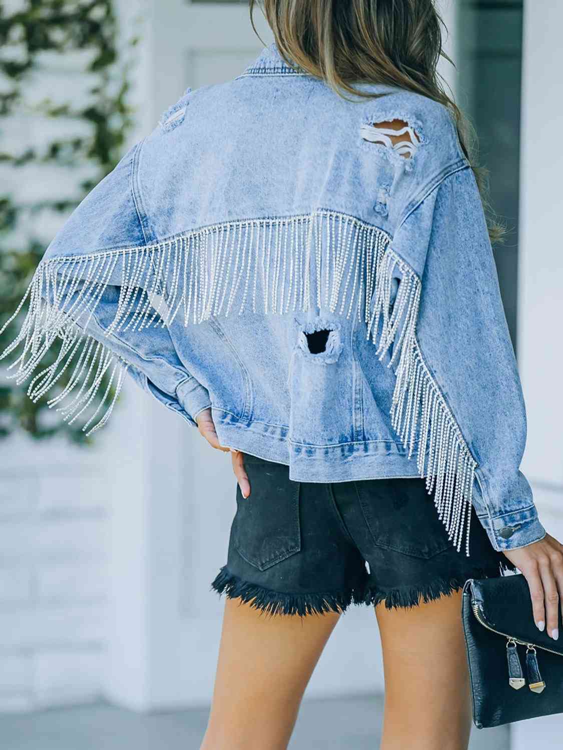 Veste en jean à franges effet vieilli