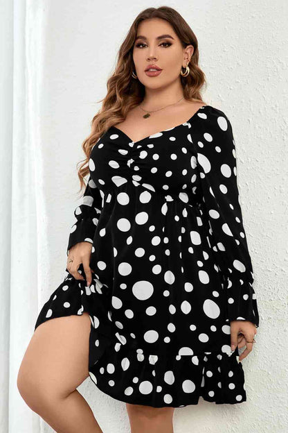 Melo Apparel Mini-robe à pois et col en cœur, manches à volants, grande taille