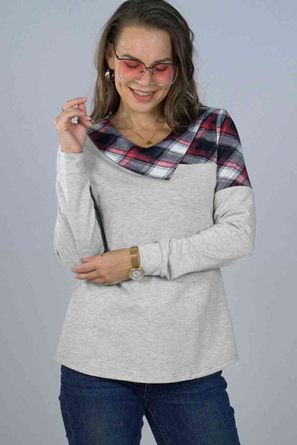 Asymmetrical Plaid Print Long Sleeve Tee