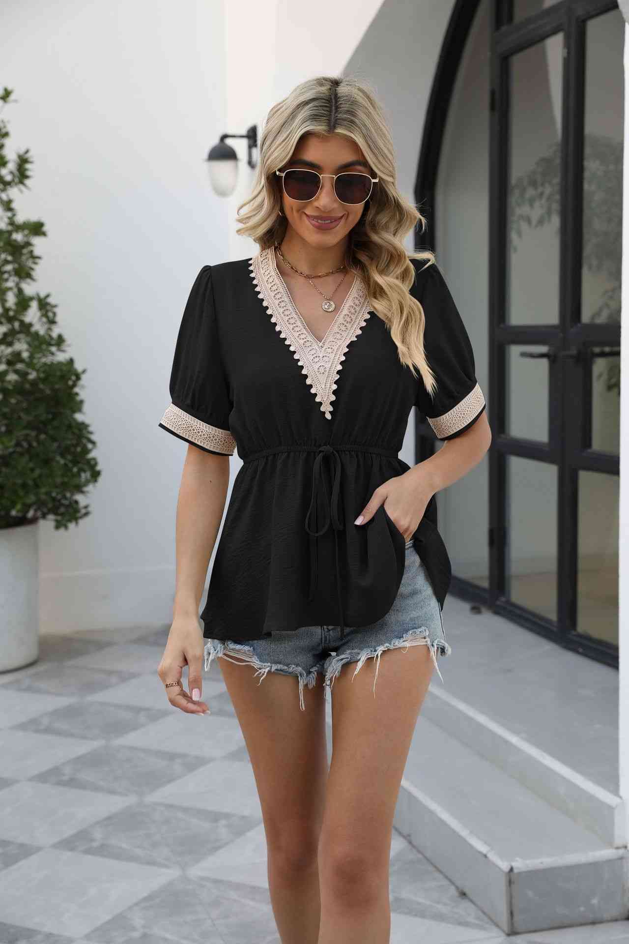 V-Neck Puff Sleeve Babydoll Top