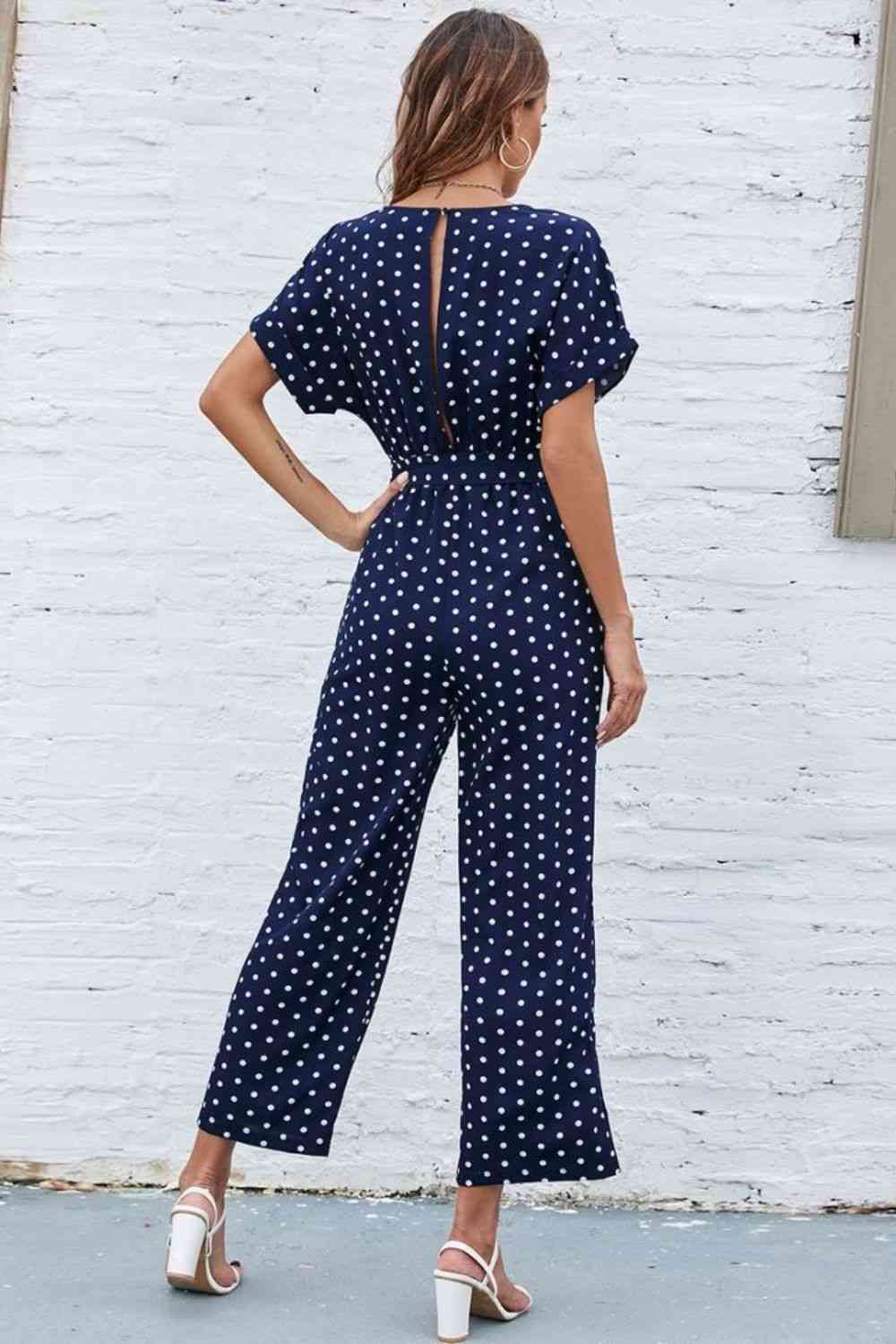 Polka Dot Round Neck Cutout Jumpsuit