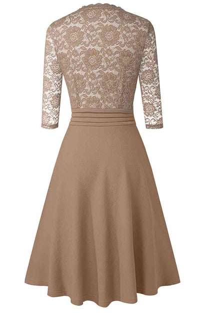 V-Neck Lace Detail Knee-Length Dress