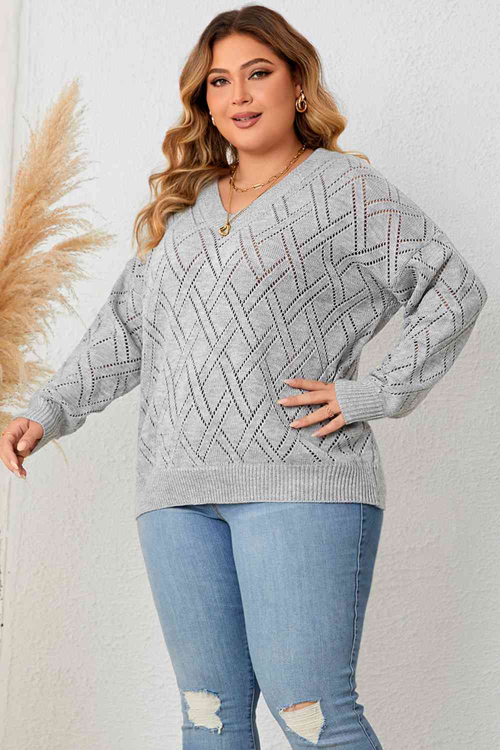 Plus Size Plaid V-Neck Knit Top