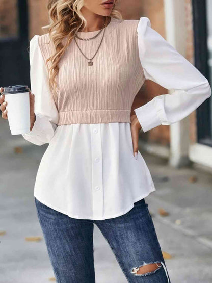 Blouse contrastée à col rond et manches bouffantes