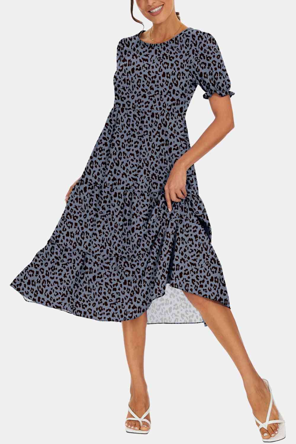 Round Neck Flounce Sleeve Midi Dress