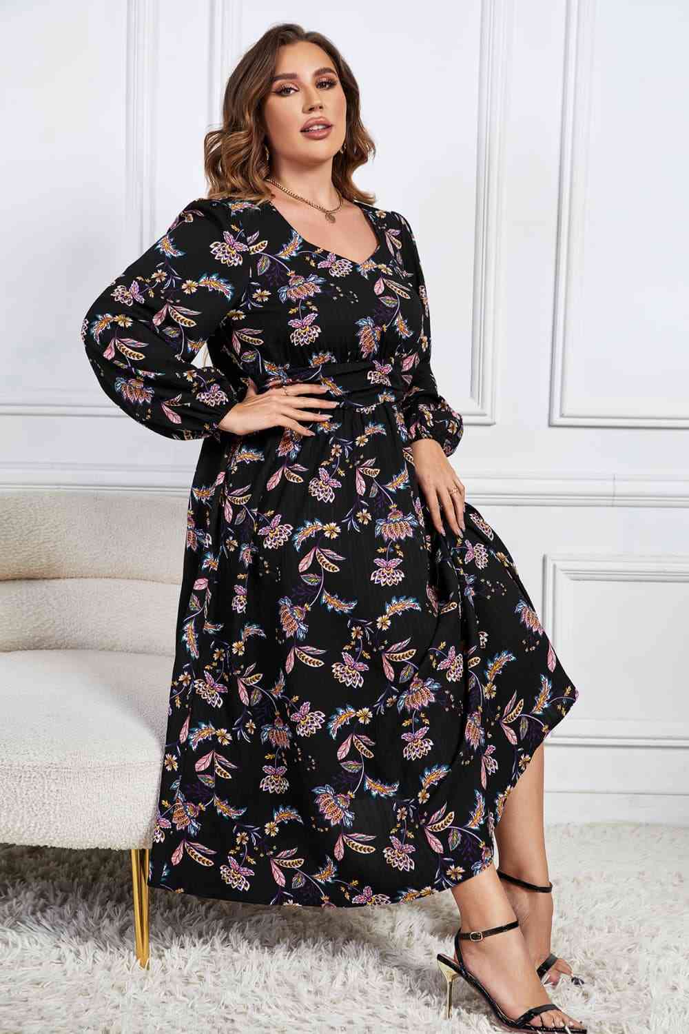 Melo Apparel Vestido midi de manga larga con estampado floral de talla grande