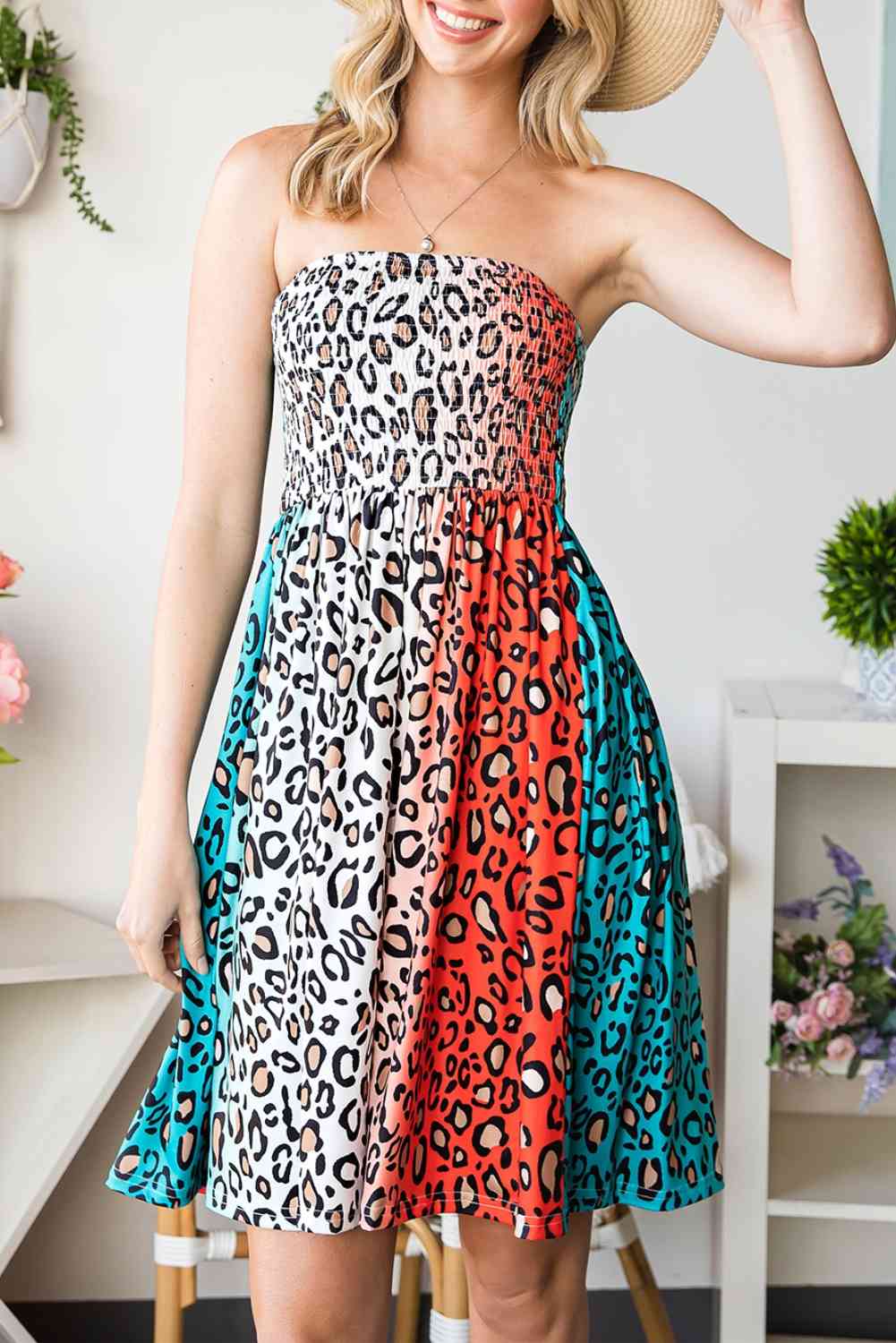 Leopard Print Smocked Strapless Dress