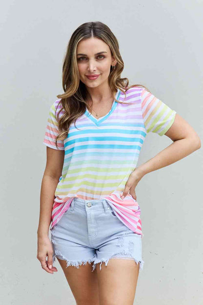 Heimish Out And Proud Full Size Multicolored Striped V-Neck Short Sleeve Top