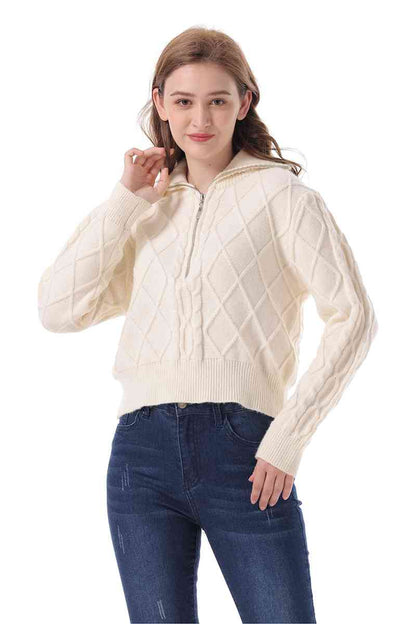 Zip-Up Collared Neck Long Sleeve Sweater