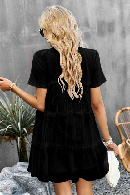 Frill Trim Spliced Mesh Mini Dress