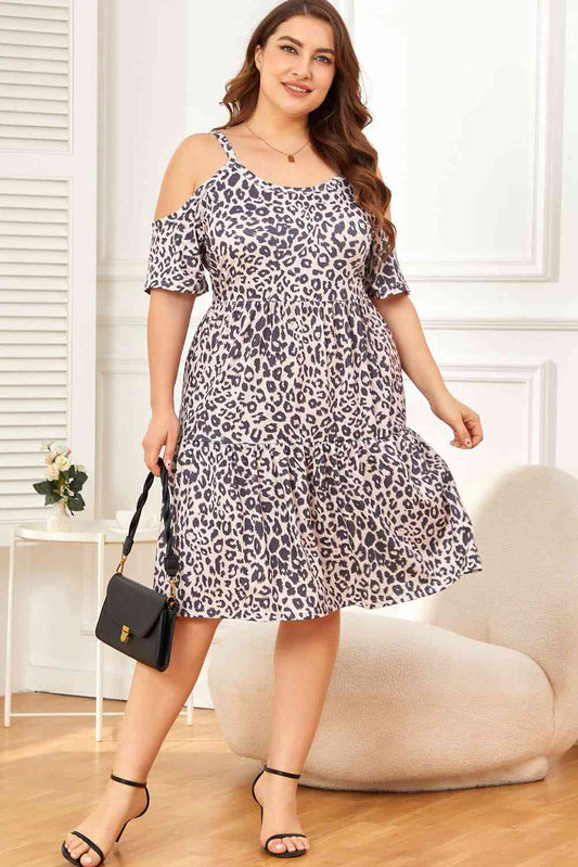 Plus Size Cold Shoulder Ruffle Hem Scoop Neck Dress