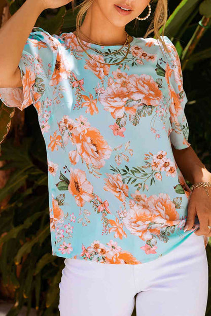 Blusa con cuello redondo y manga abullonada floral de Summer Lover