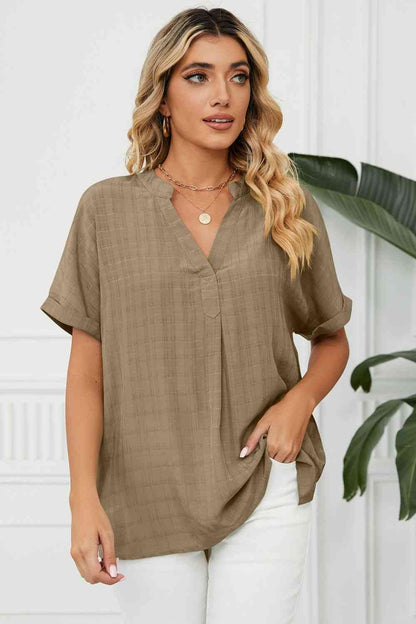 Side Slit Notched Neck Cuffed Short Sleeve Blouse