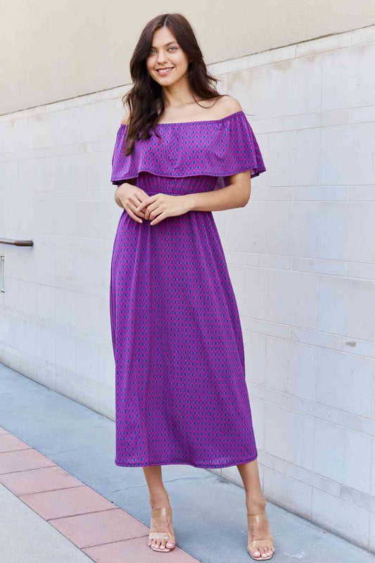 e.Luna My Best Angle Geometric Pattern Off The Shoulder Midi Dress in Purple