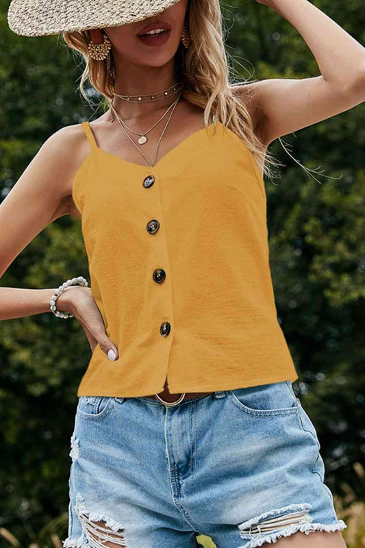 Camisole boutonnée à col en V et bretelles spaghetti