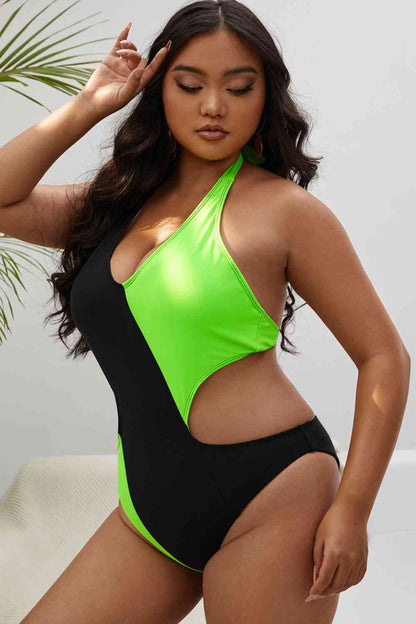 Maillot de Bain Une-Pièce Noué à Col Halter Contrasté de Grande Taille