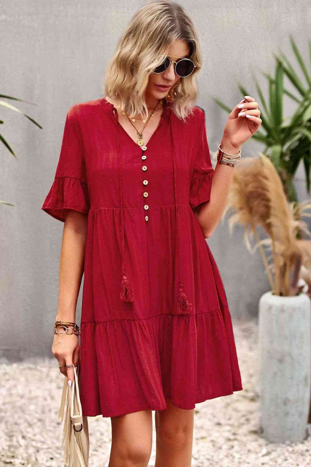 Tie Neck Buttoned Flounce Sleeve Dress