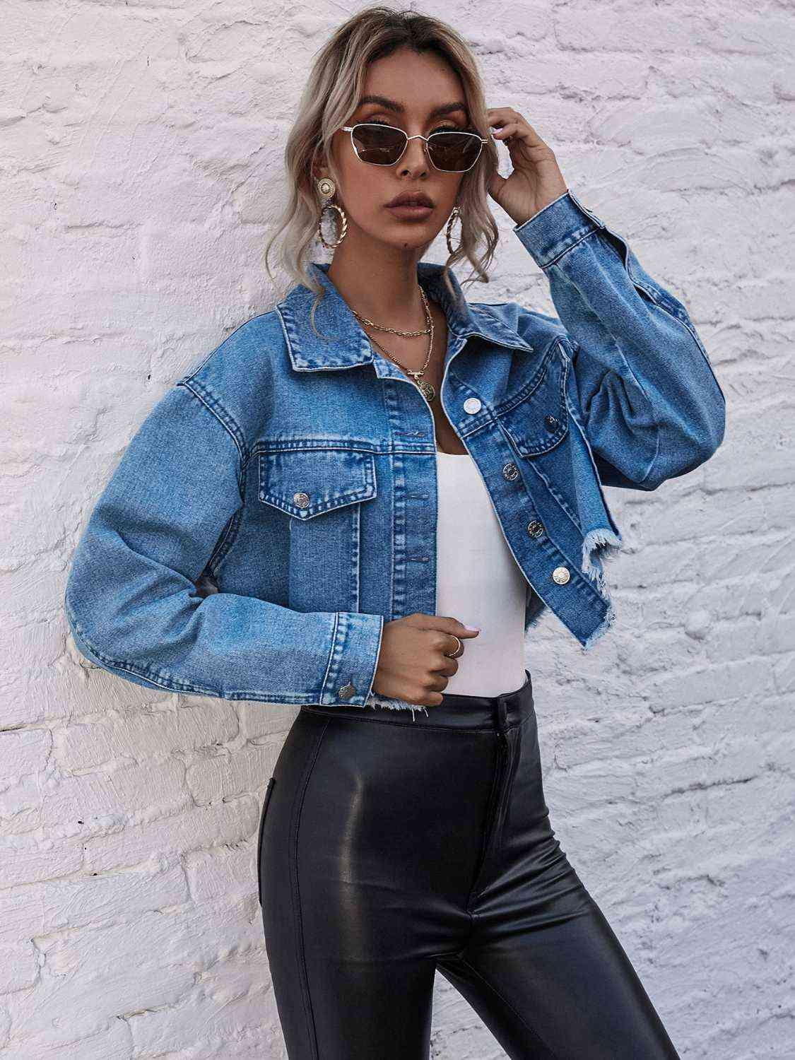 Raw Hem Collared Neck Denim Jacket