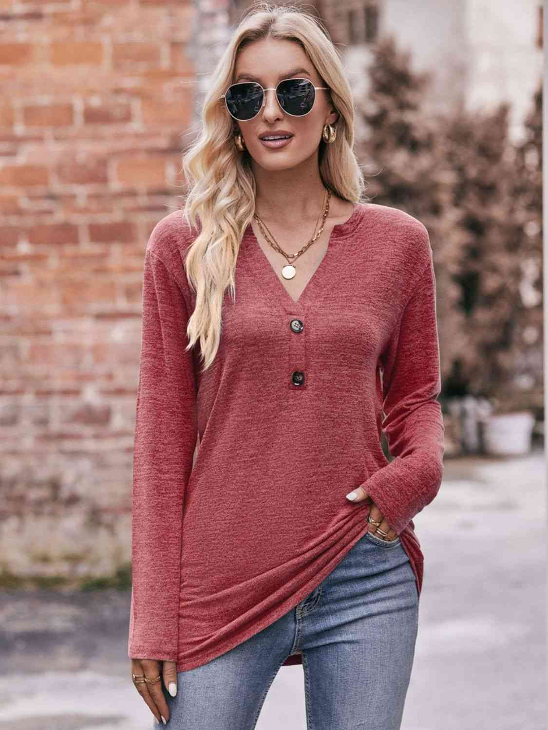 Double Take Buttoned Notched Neck Long Sleeve Top