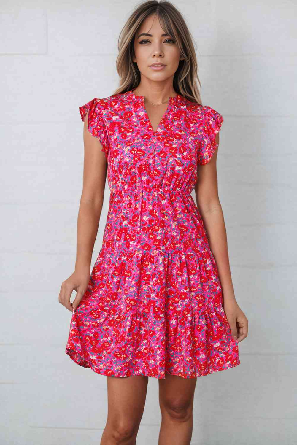 Floral Print Notched Neck Cap Sleeve Mini Dress