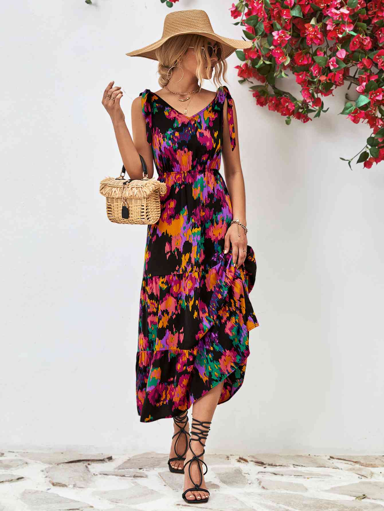 Robe midi multicolore dos nu à col en V