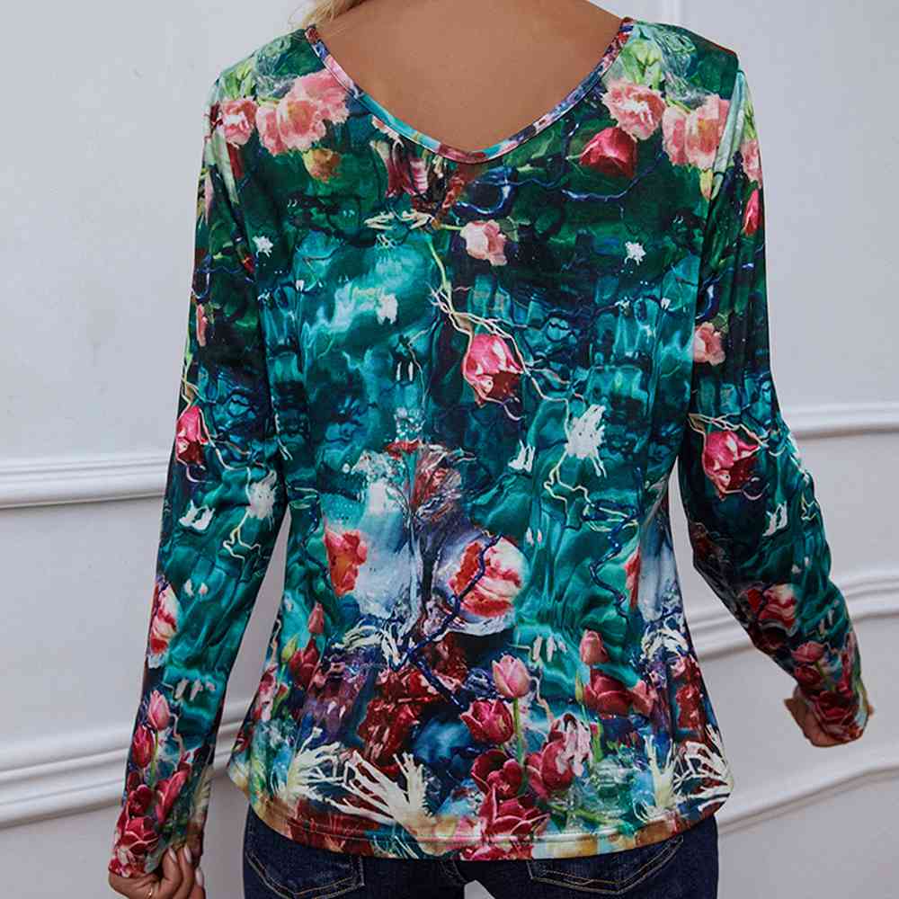 Blouse imprimée à manches longues et col en V